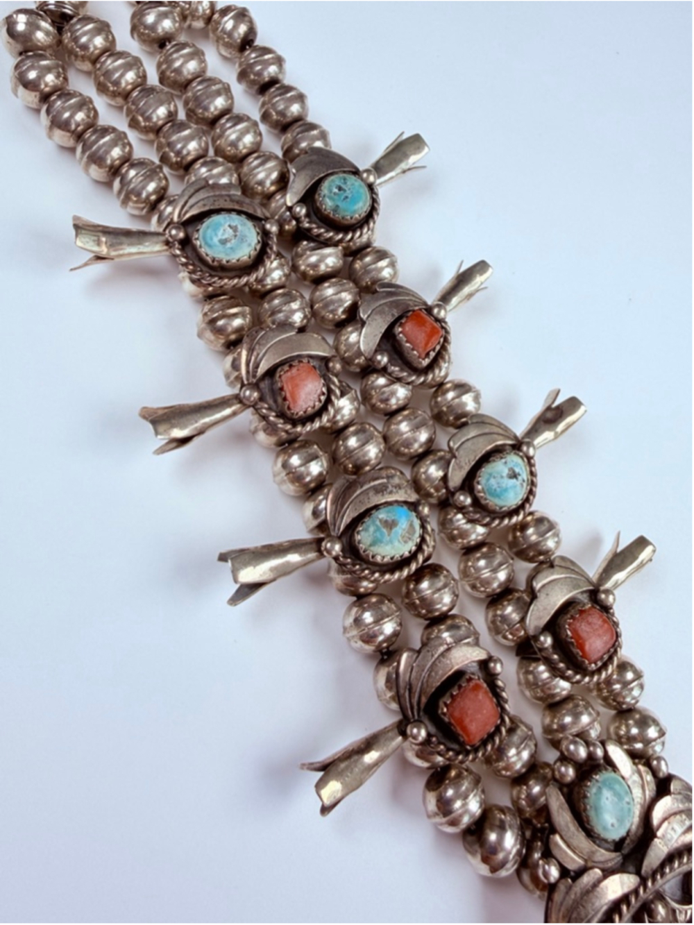 Old Pawn Navajo Squash Blossom Turquoise Coral Sterling VTG Necklace, Earrings - Picture 10 of 11